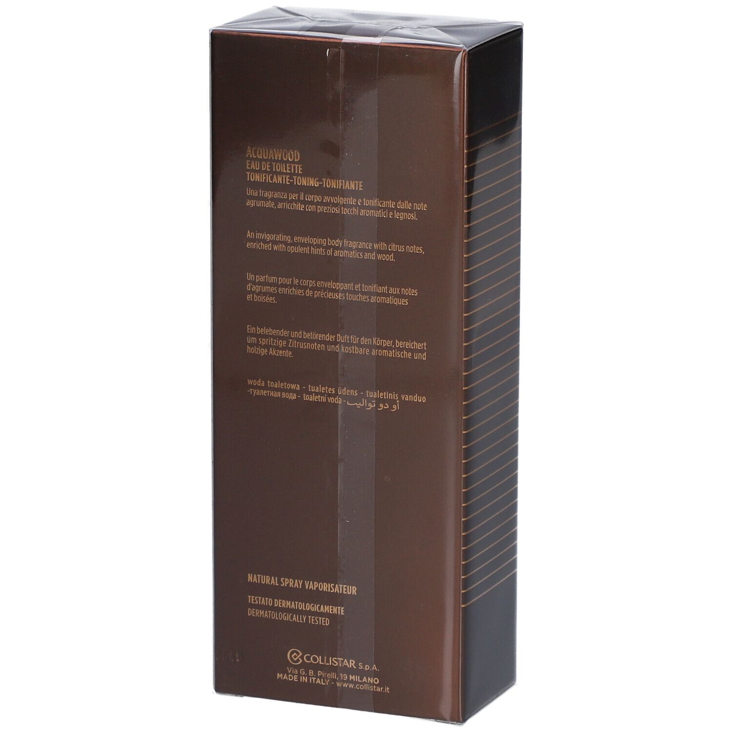 Boîte rectangulaire marron. Texte en anglais, français, italien. Acqua Wood, Eau de Toilette.