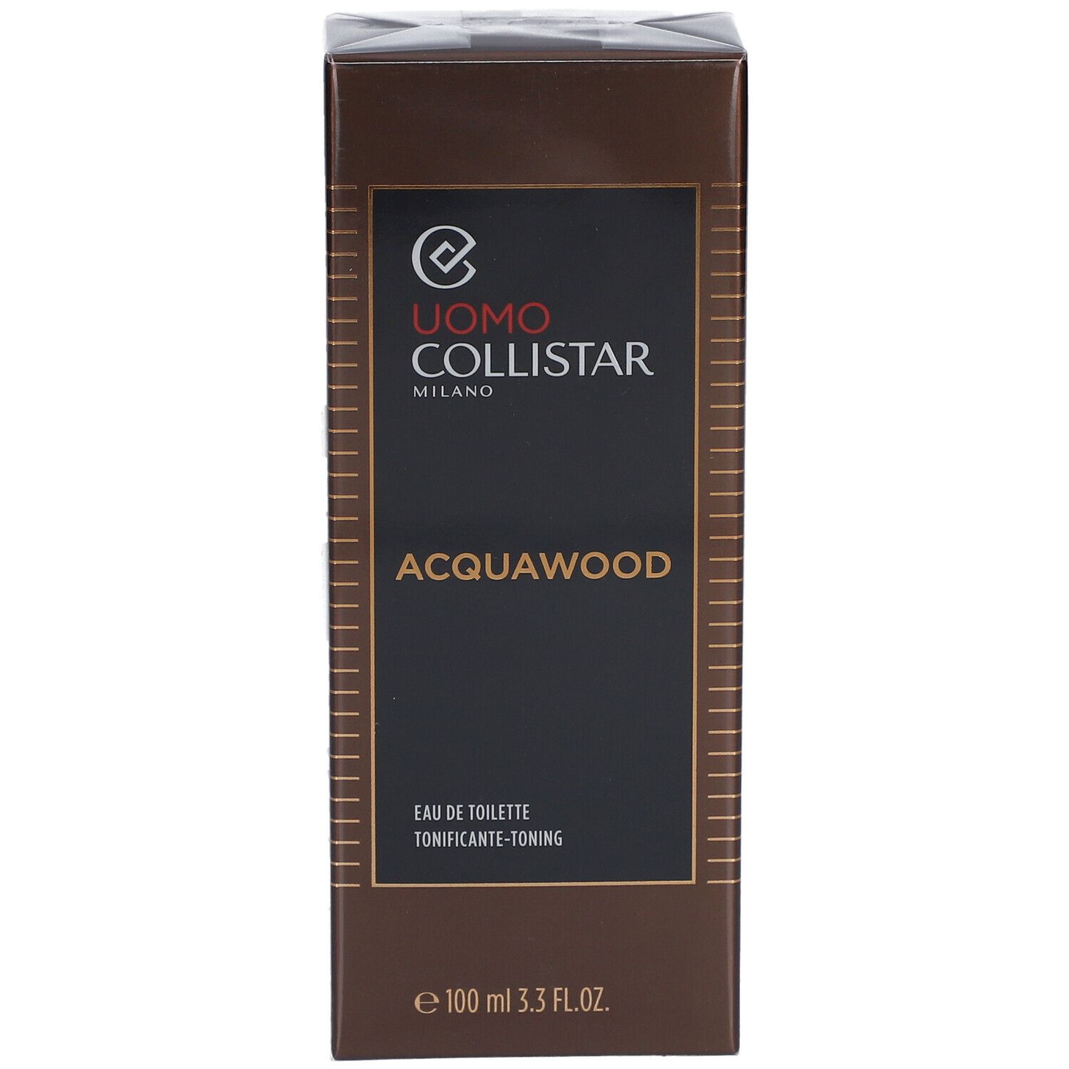 Boîte rectangulaire marron. Uomo Collistar Milano, Acqua Wood, Eau de Toilette. 100 ml.