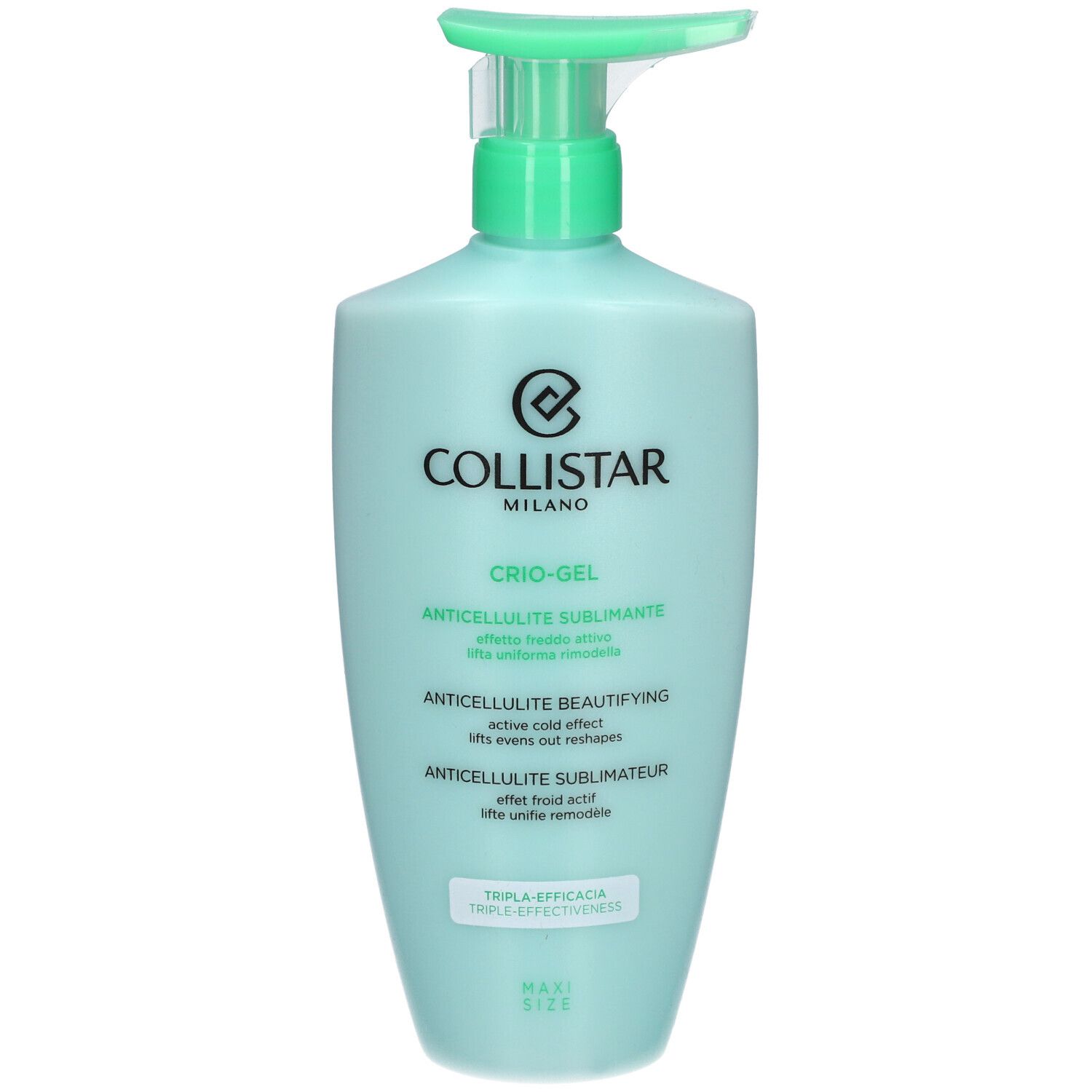 Flacon bleu-vert avec pompe. Texte: Collistar Milano, Crio-Gel, Anticellulite Sublimateur. Maxi Size.