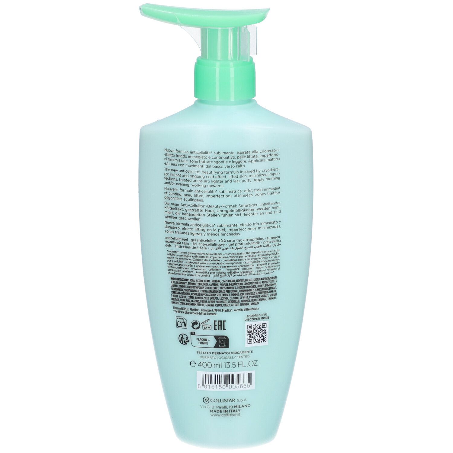 Dos d'un flacon bleu-vert. Texte: Collistar, Crio-Gel, ingrédients, code EAN, 400 ml, 13.5 FL. OZ.
