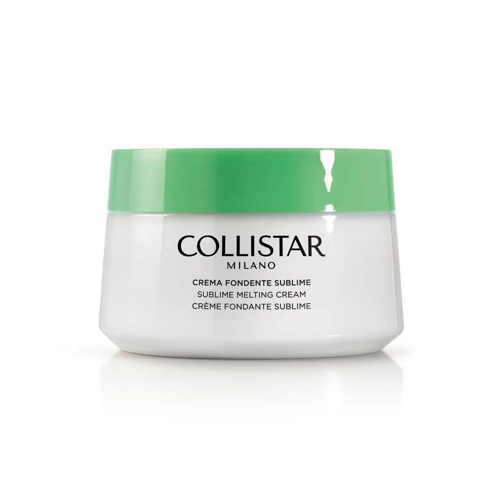 Pot de crème avec couvercle vert. Inscription : Collistar Milano, Crema Fondente Sublime, Sublime Melting Cream, Crème Fondante Sublime.