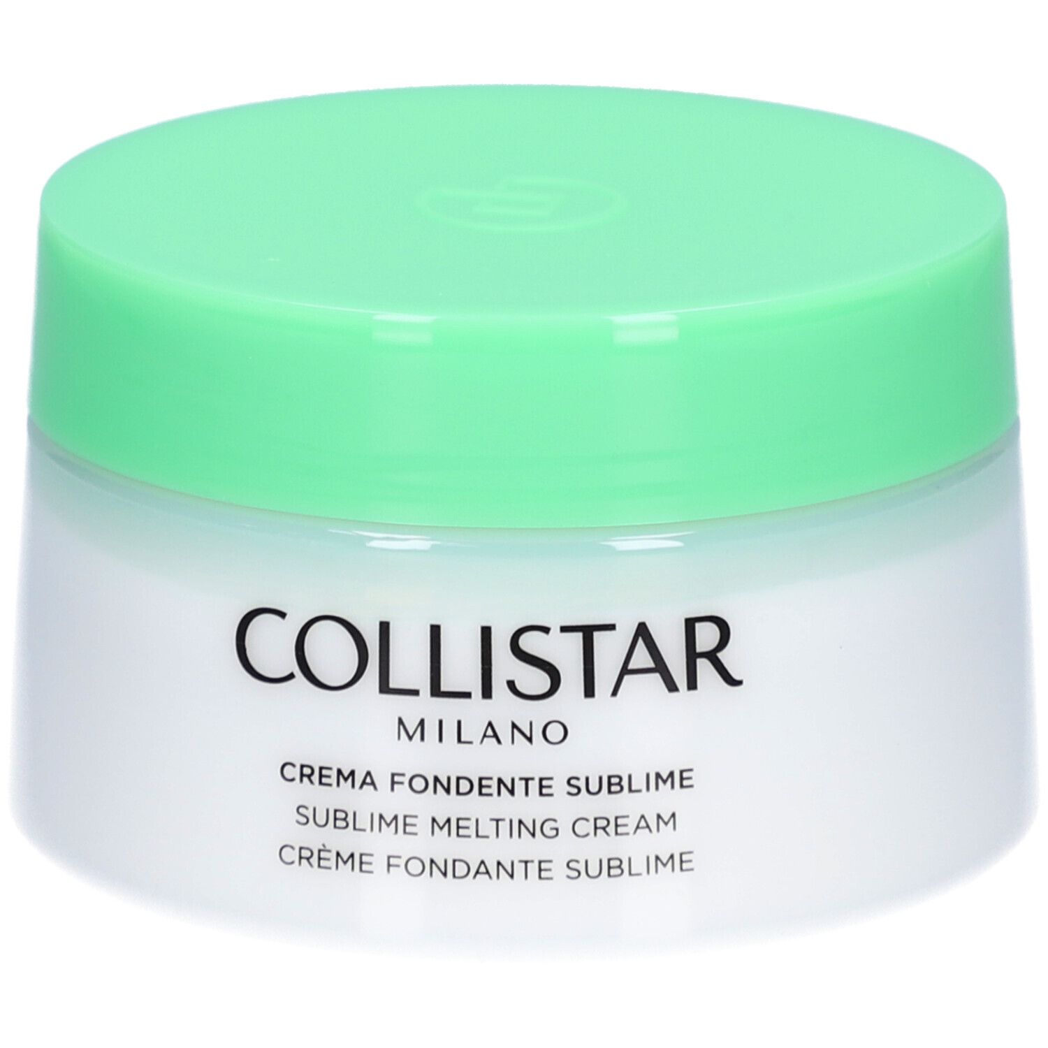 Pot de crème avec couvercle vert. Inscription : Collistar Milano, Crema Fondente Sublime, Sublime Melting Cream, Crème Fondante Sublime.
