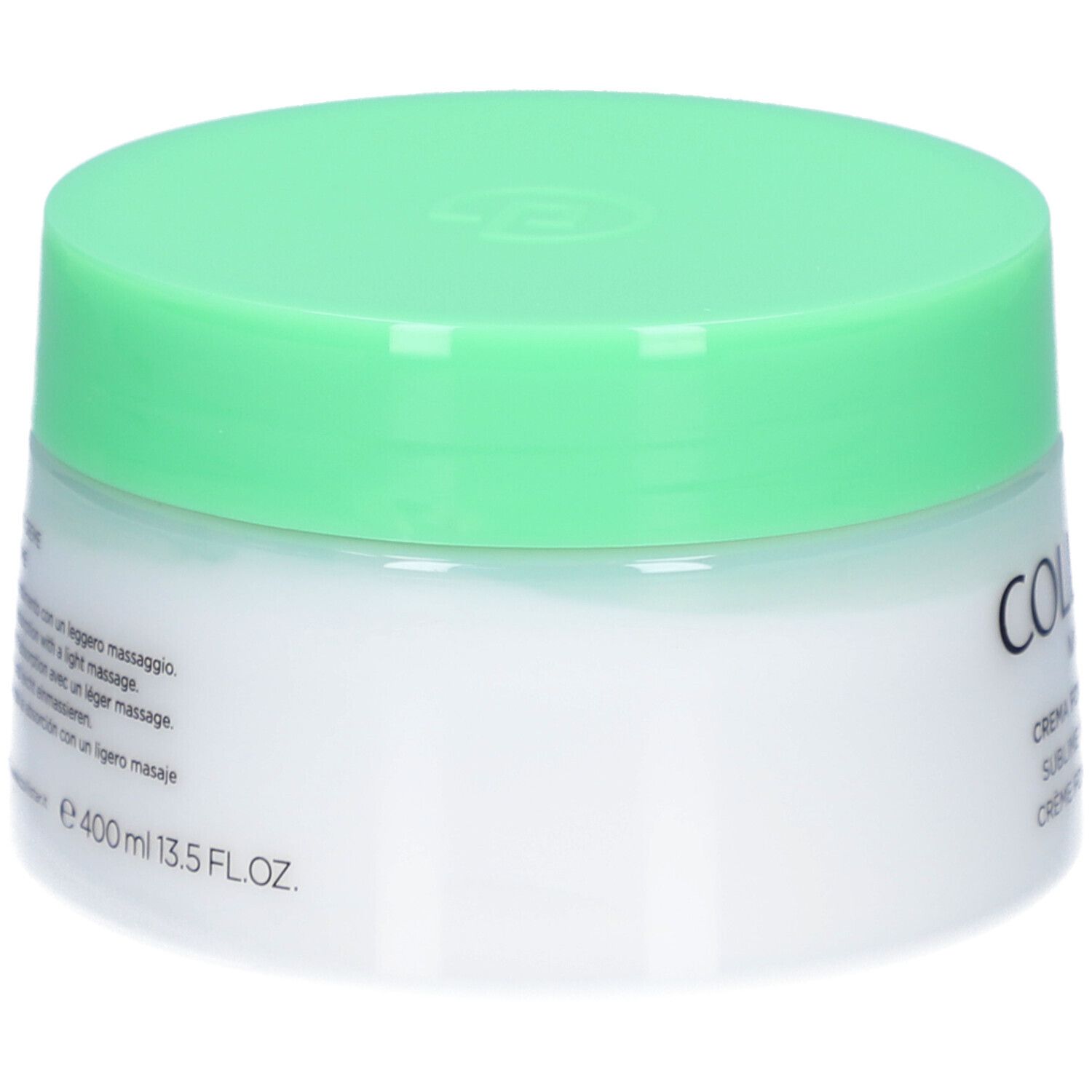 Pot de crème avec couvercle vert. Sur le côté : texte, 400 ml, 13,5 FL.OZ.