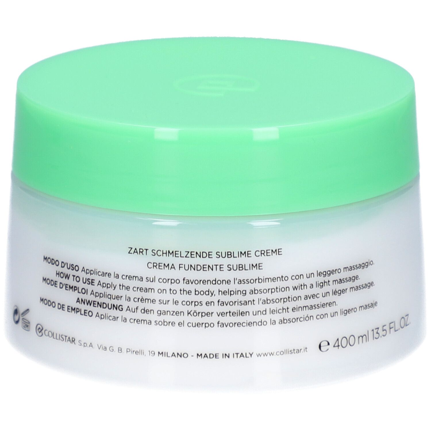 Pot de crème avec couvercle vert. Sur le côté : texte, 400 ml, 13,5 FL.OZ. Instructions d'utilisation multilingues.