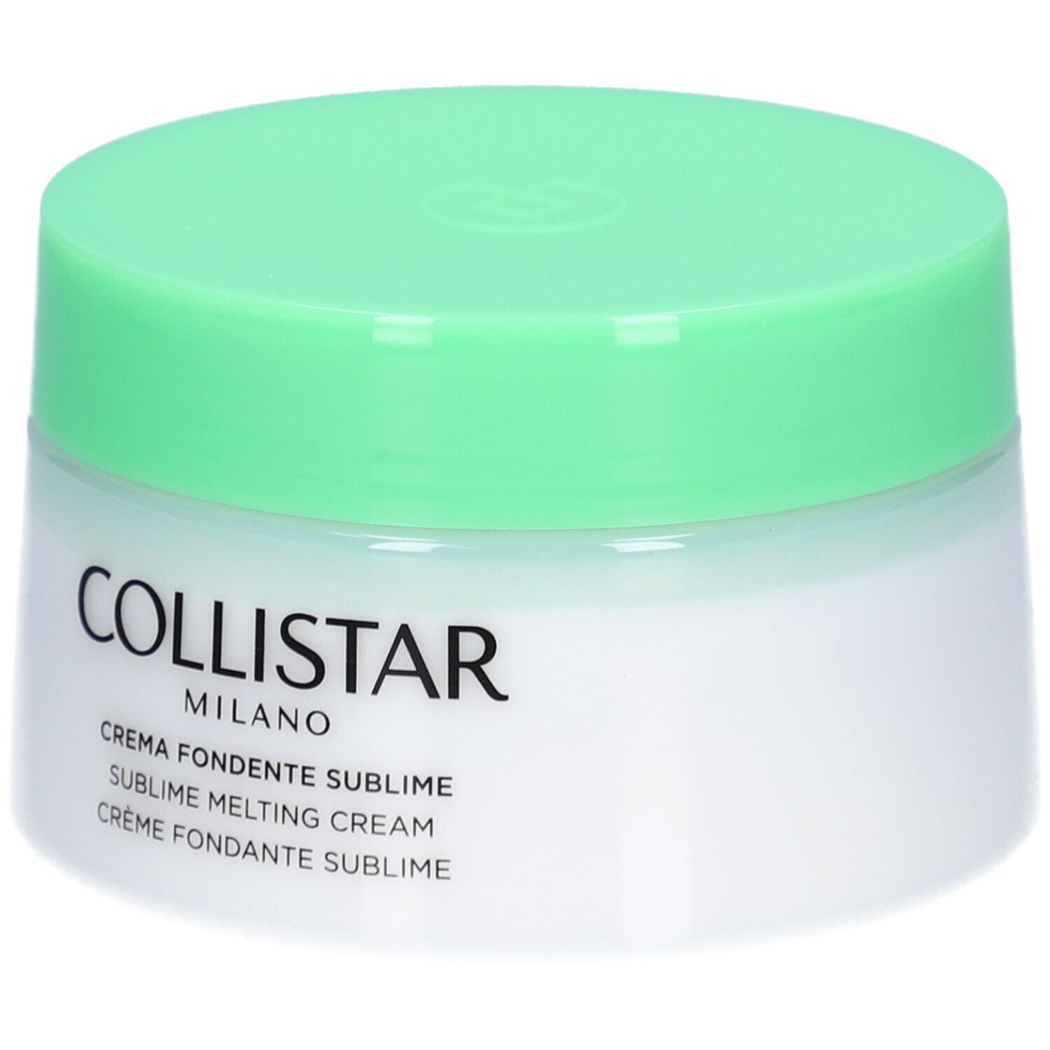 Pot de crème avec couvercle vert. Inscription : Collistar Milano, Crema Fondente Sublime, Sublime Melting Cream, Crème Fondante Sublime.