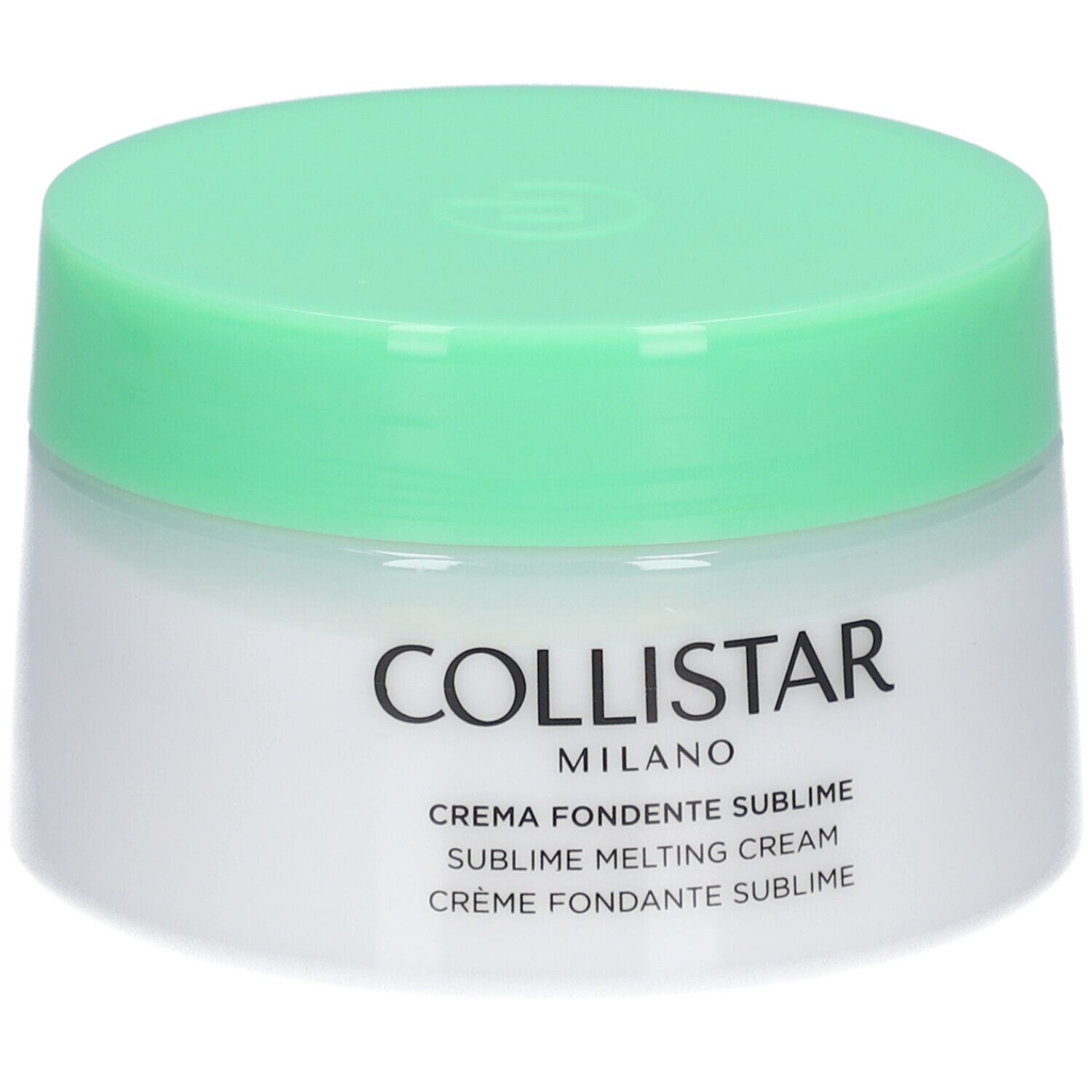 Pot de crème avec couvercle vert. Inscription : Collistar Milano, Crema Fondente Sublime, Sublime Melting Cream, Crème Fondante Sublime.