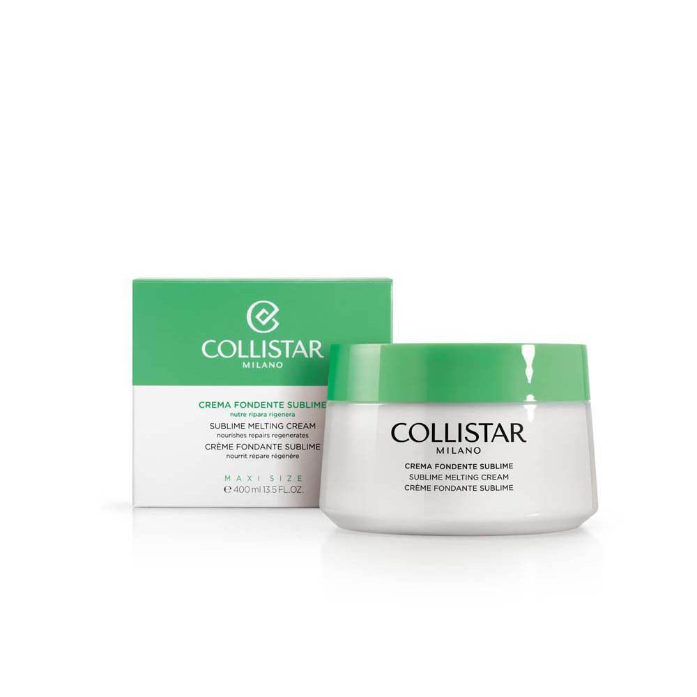Pot de crème et boîte. Inscription : Collistar Milano, Crema Fondente Sublime, Sublime Melting Cream, Crème Fondante Sublime, 400 ml.