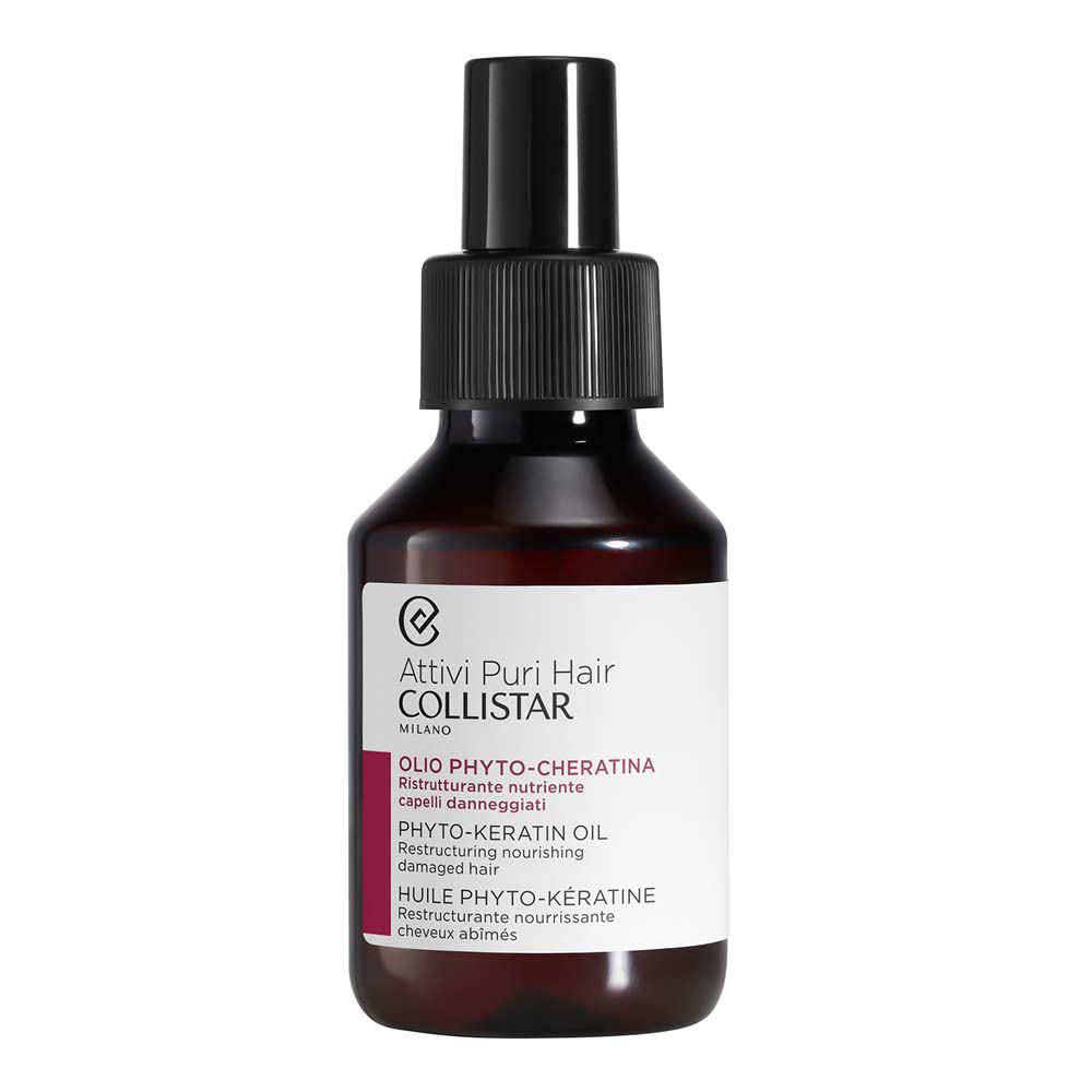 Flacon en verre brun avec vaporisateur noir. Étiquette avec nom du produit et marque Collistar.