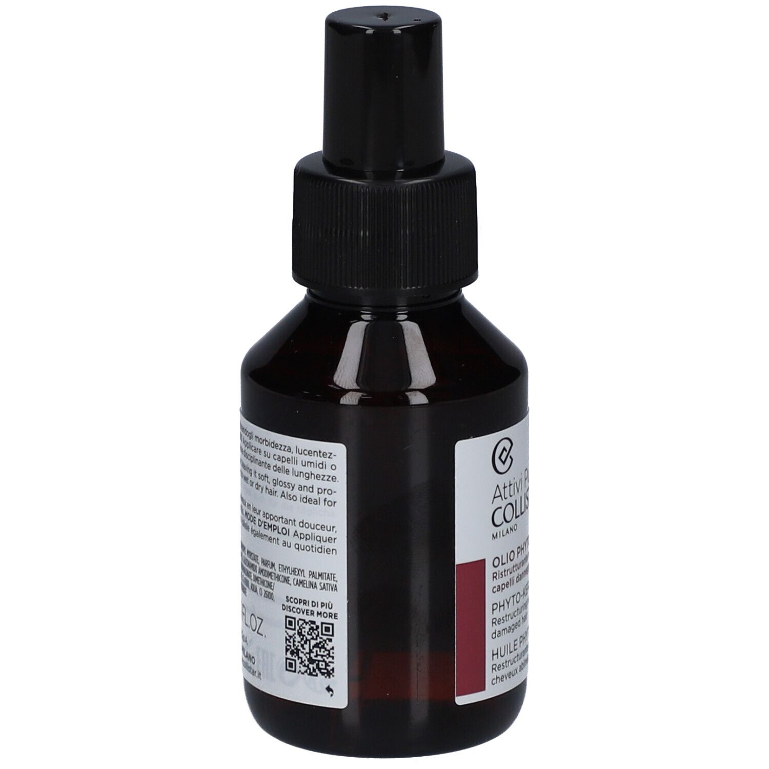 Braune Glasflasche mit schwarzem Sprühkopf. Rückseite mit Text und QR-Code.