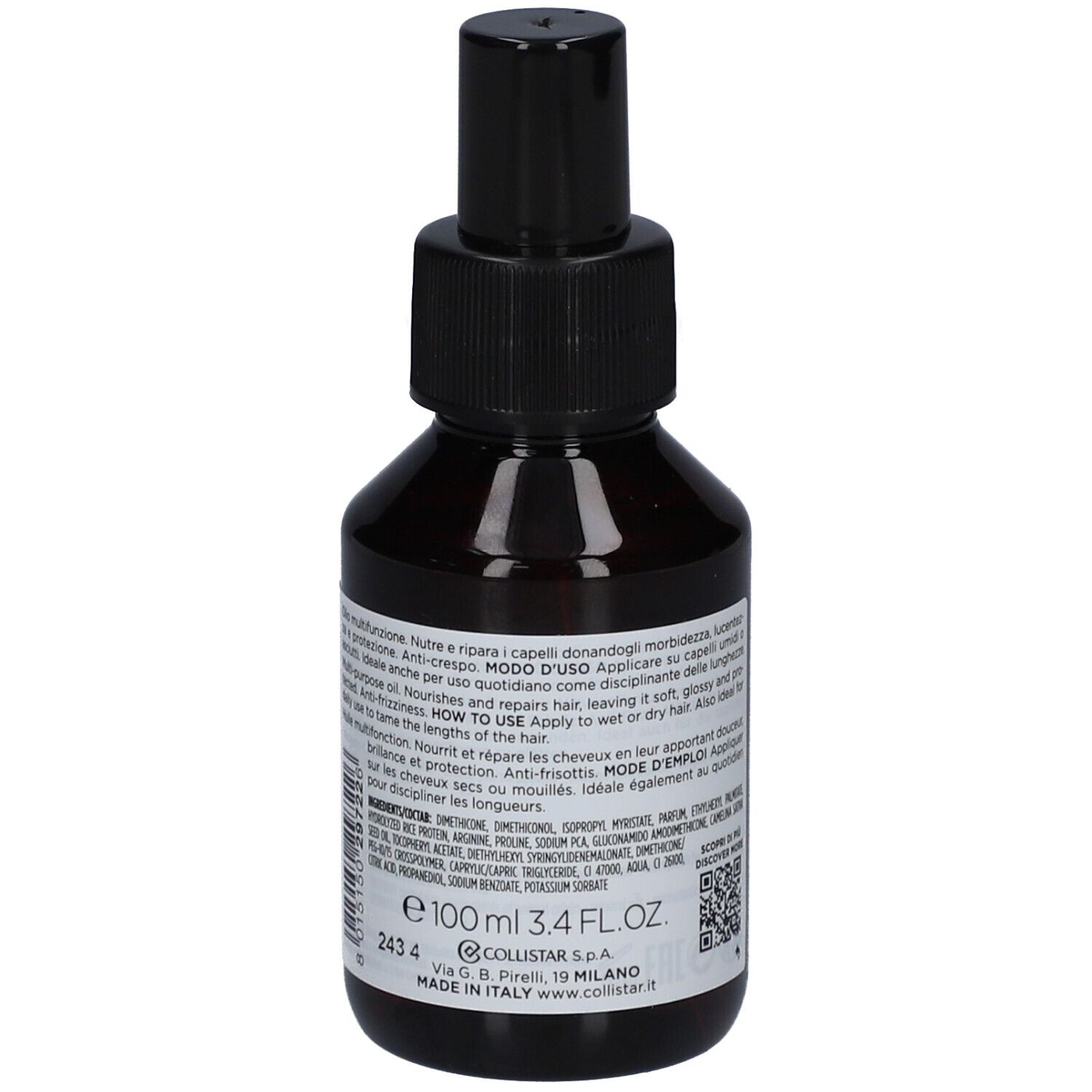 Braune Glasflasche mit schwarzem Sprühkopf. Rückseite mit Text, Inhaltsstoffen und QR-Code.