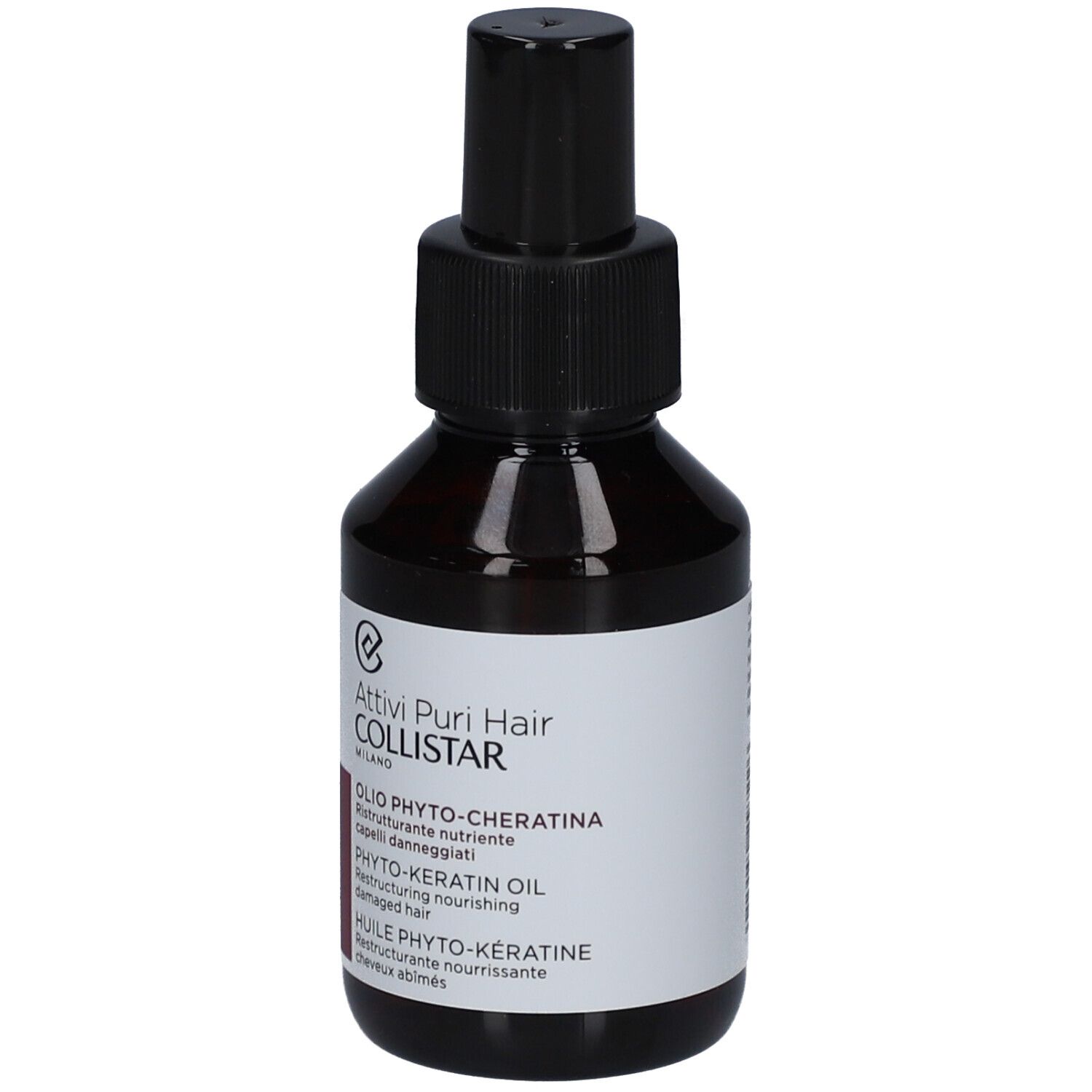Braune Glasflasche mit schwarzem Sprühkopf. Aufkleber mit Produktbezeichnung und Marke Collistar.