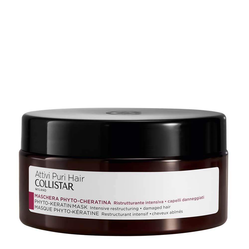 Pot brun avec couvercle noir. Inscription : Attivi Puri Hair Collistar, Maschera Phyto-Cheratina.
