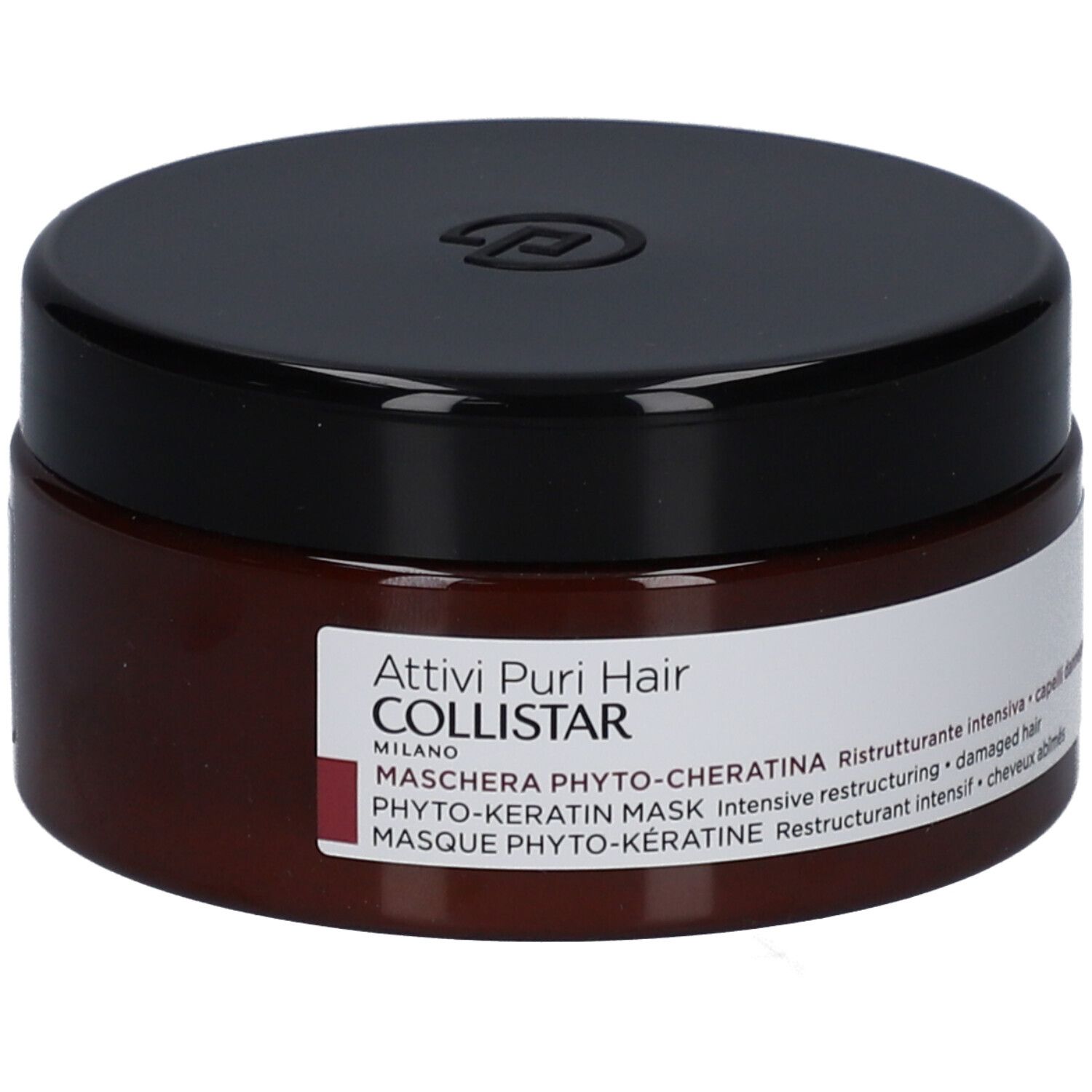 Pot brun avec couvercle noir. Inscription : Attivi Puri Hair Collistar, Maschera Phyto-Cheratina.