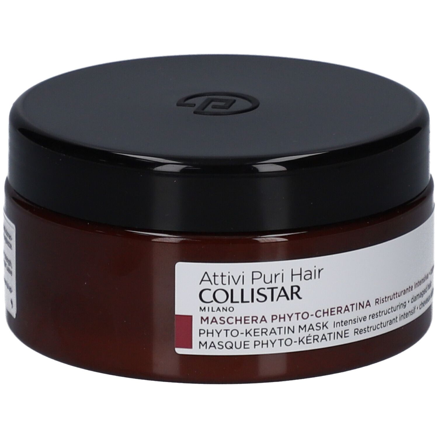 Pot brun avec couvercle noir. Inscription : Attivi Puri Hair Collistar, Maschera Phyto-Cheratina.