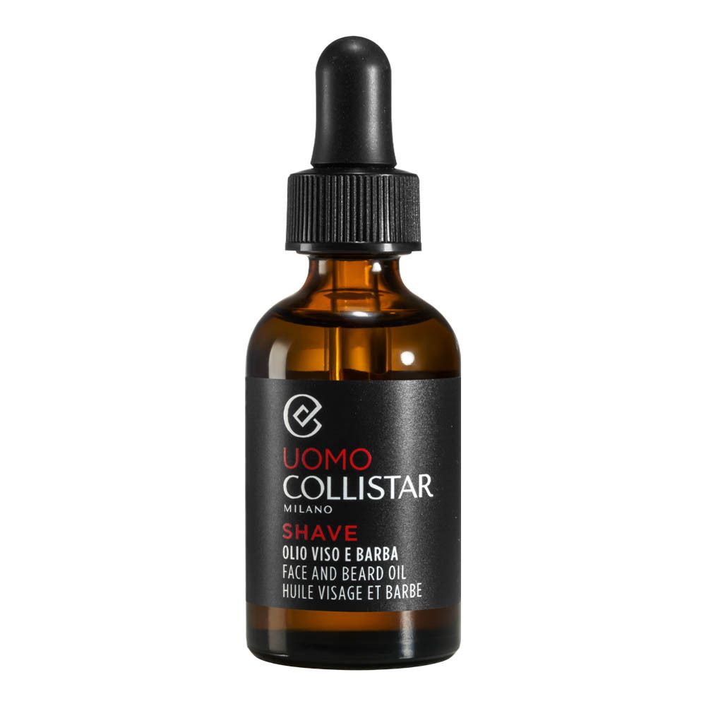 Flacon en verre brun avec bouchon noir et pipette. Étiquette noire avec texte: Uomo Collistar, Shave, Huile Visage et Barbe.