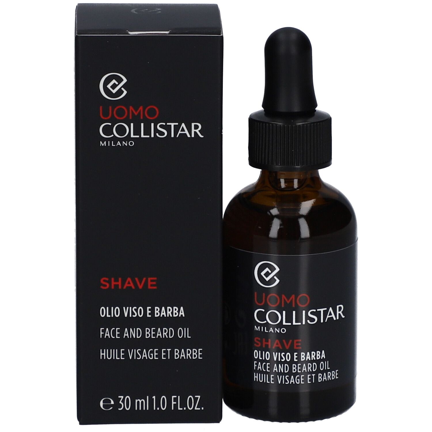 Braune Glasflasche mit schwarzem Deckel und Pipette, neben schwarzer Verpackung. Text: Uomo Collistar, Shave, Öl für Gesicht und Bart.