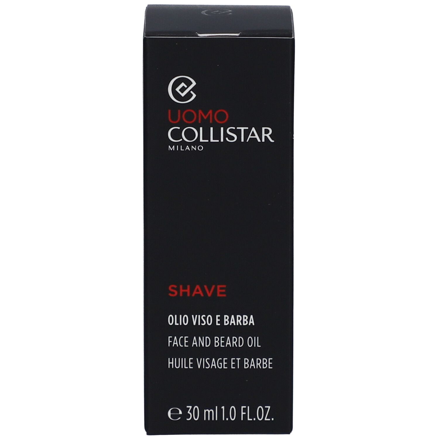 Schwarze Verpackung mit Text: Uomo Collistar, Shave, Öl für Gesicht und Bart.