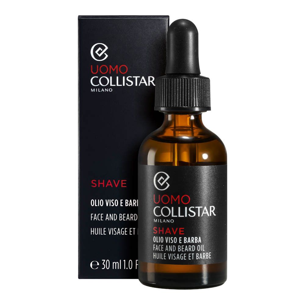 Flacon en verre brun avec bouchon noir et pipette, à côté d'un emballage noir. Texte: Uomo Collistar, Shave, Huile Visage et Barbe.