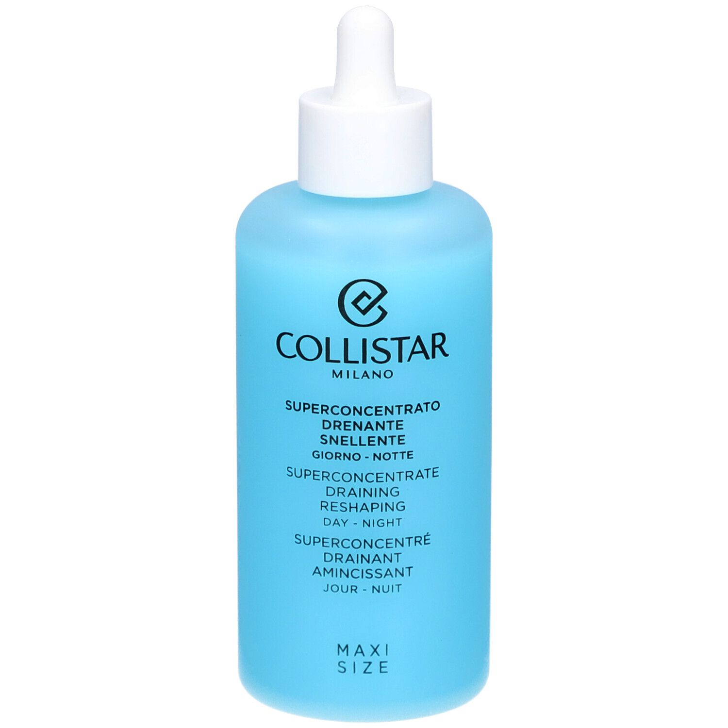 Flacon bleu avec bouchon blanc et pipette. Inscription : COLLISTAR, SUPERCONCENTRÉ Drainant Amincissant.