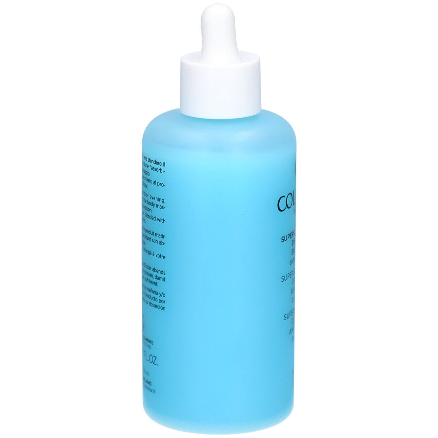 Flacon bleu avec bouchon blanc et pipette. Texte au dos. Marque COLLISTAR.