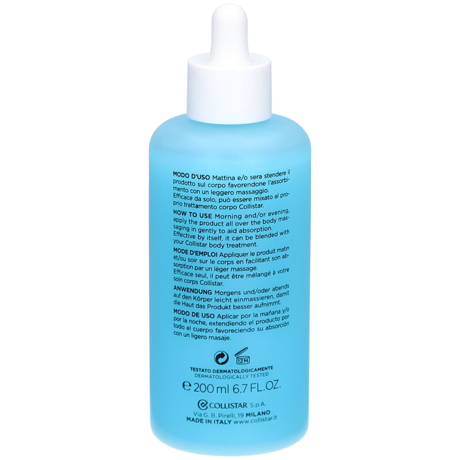Flacon bleu avec bouchon blanc et pipette. Texte au dos. Marque COLLISTAR.