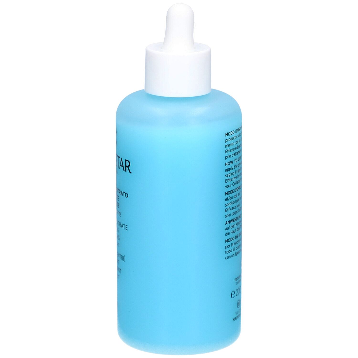 Flacon bleu avec bouchon blanc et pipette. Texte au dos. Marque COLLISTAR.