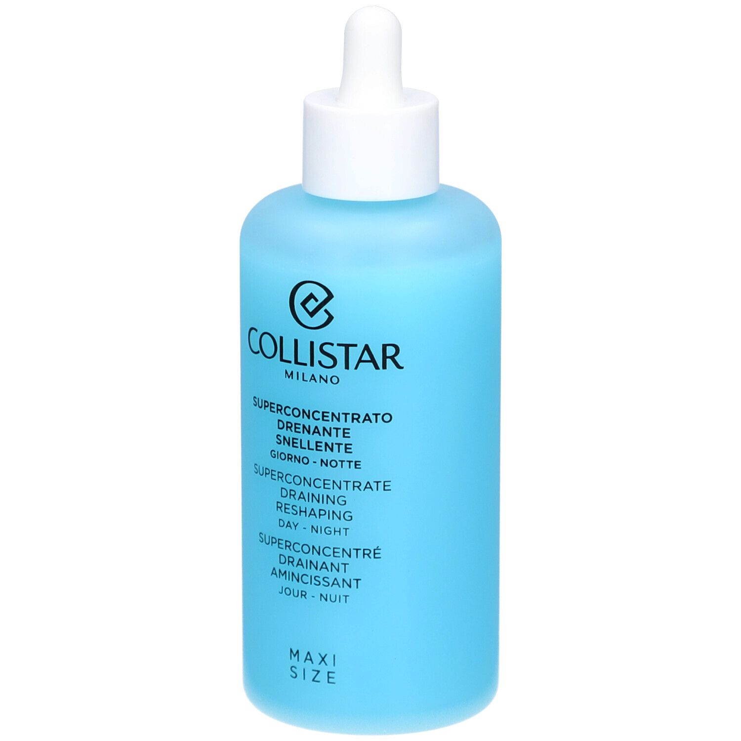 Flacon bleu avec bouchon blanc et pipette. Inscription : COLLISTAR, SUPERCONCENTRÉ Drainant Amincissant.