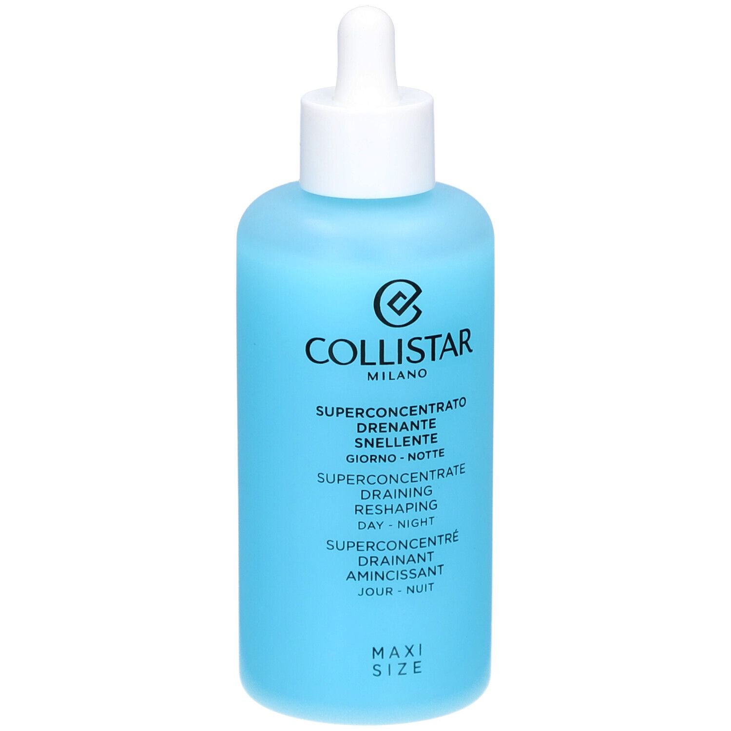 Flacon bleu avec bouchon blanc et pipette. Inscription : COLLISTAR, SUPERCONCENTRÉ Drainant Amincissant.