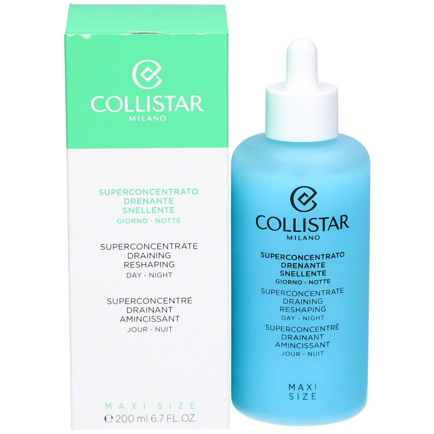 Flacon bleu avec bouchon blanc et pipette à côté d'un emballage vert. Marque COLLISTAR.