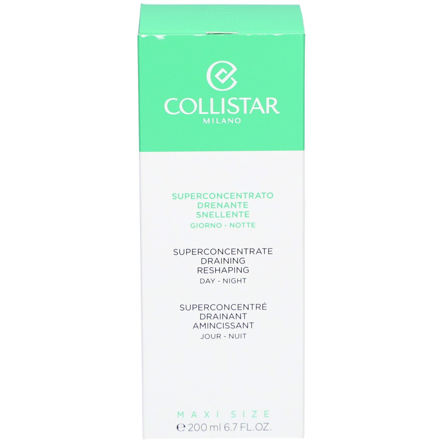 Emballage vert avec texte. Marque COLLISTAR. Inscription : SUPERCONCENTRÉ Drainant Amincissant.