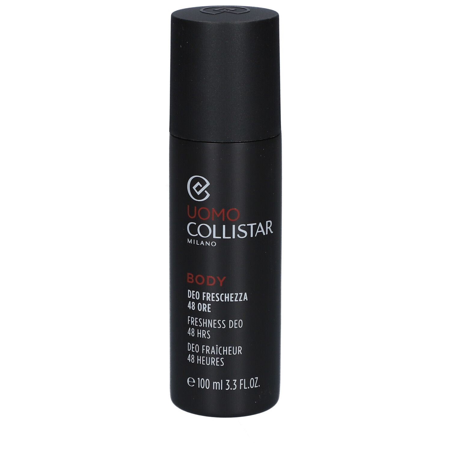 Flacon de déodorant noir avec texte blanc. Marque : Uomo Collistar. Texte : Body, Deo Fraîcheur 48 Heures, 100 ml.
