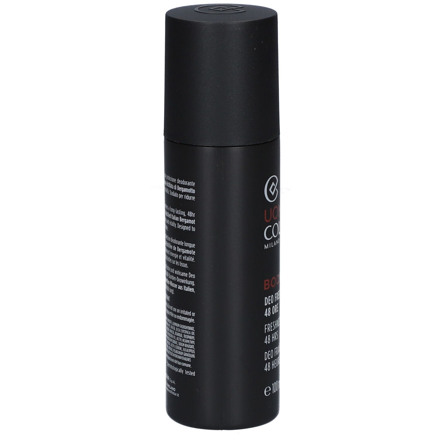 Flacon de déodorant noir avec texte. Marque : Uomo Collistar. Texte : Body, Deo Fraîcheur 48 Heures, 100 ml. Dos avec texte.