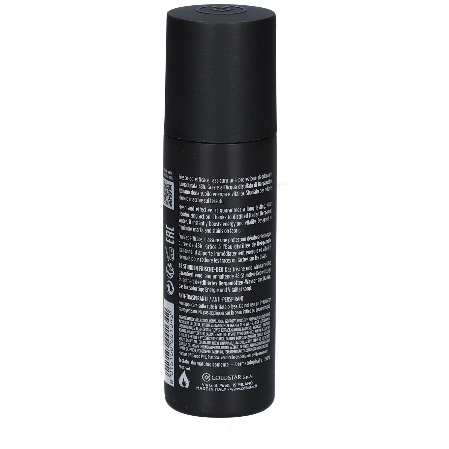 Flacon de déodorant noir avec texte. Marque : Uomo Collistar. Texte : Body, Deo Fraîcheur 48 Heures, 100 ml. Dos avec texte.