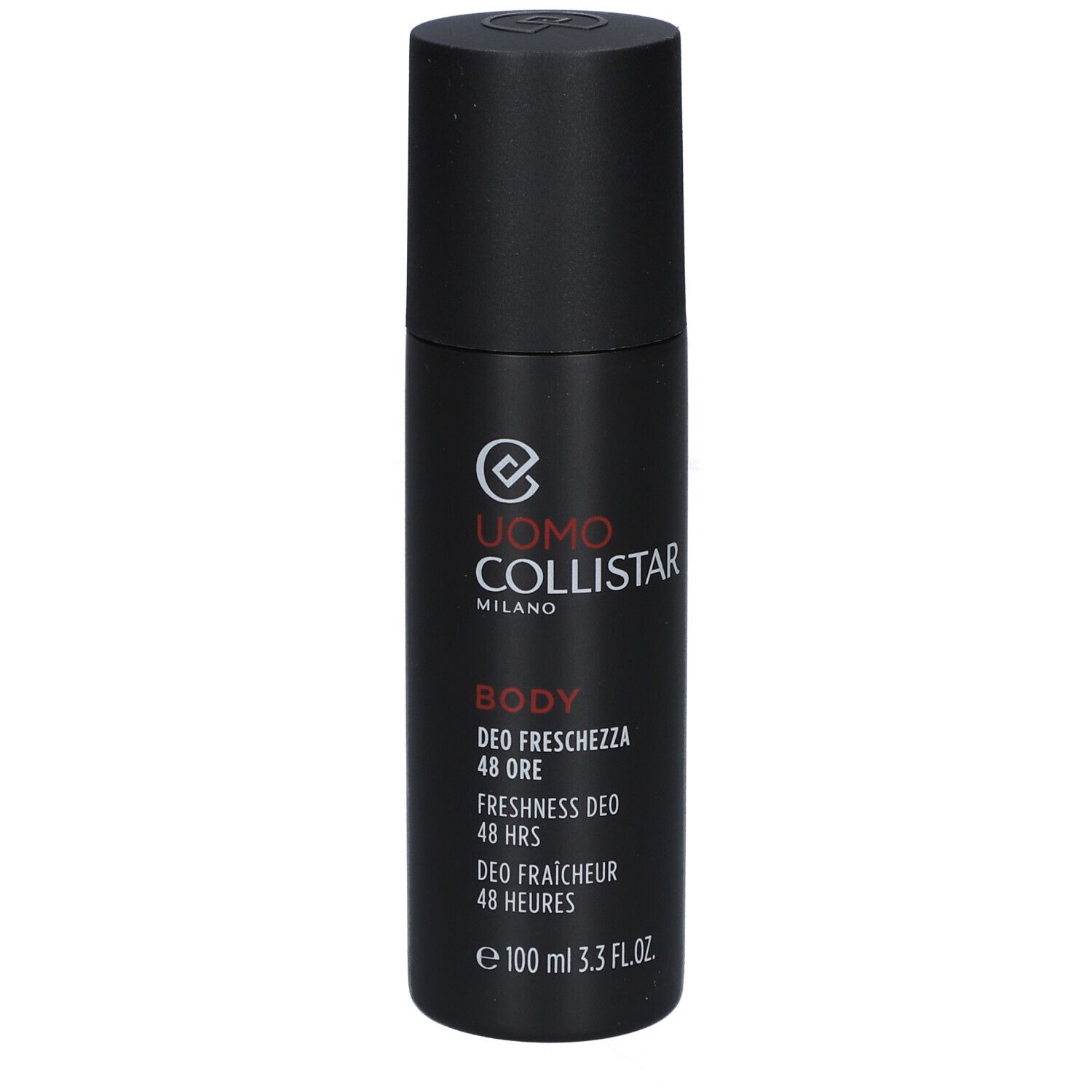 Flacon de déodorant noir avec texte blanc. Marque : Uomo Collistar. Texte : Body, Deo Fraîcheur 48 Heures, 100 ml.