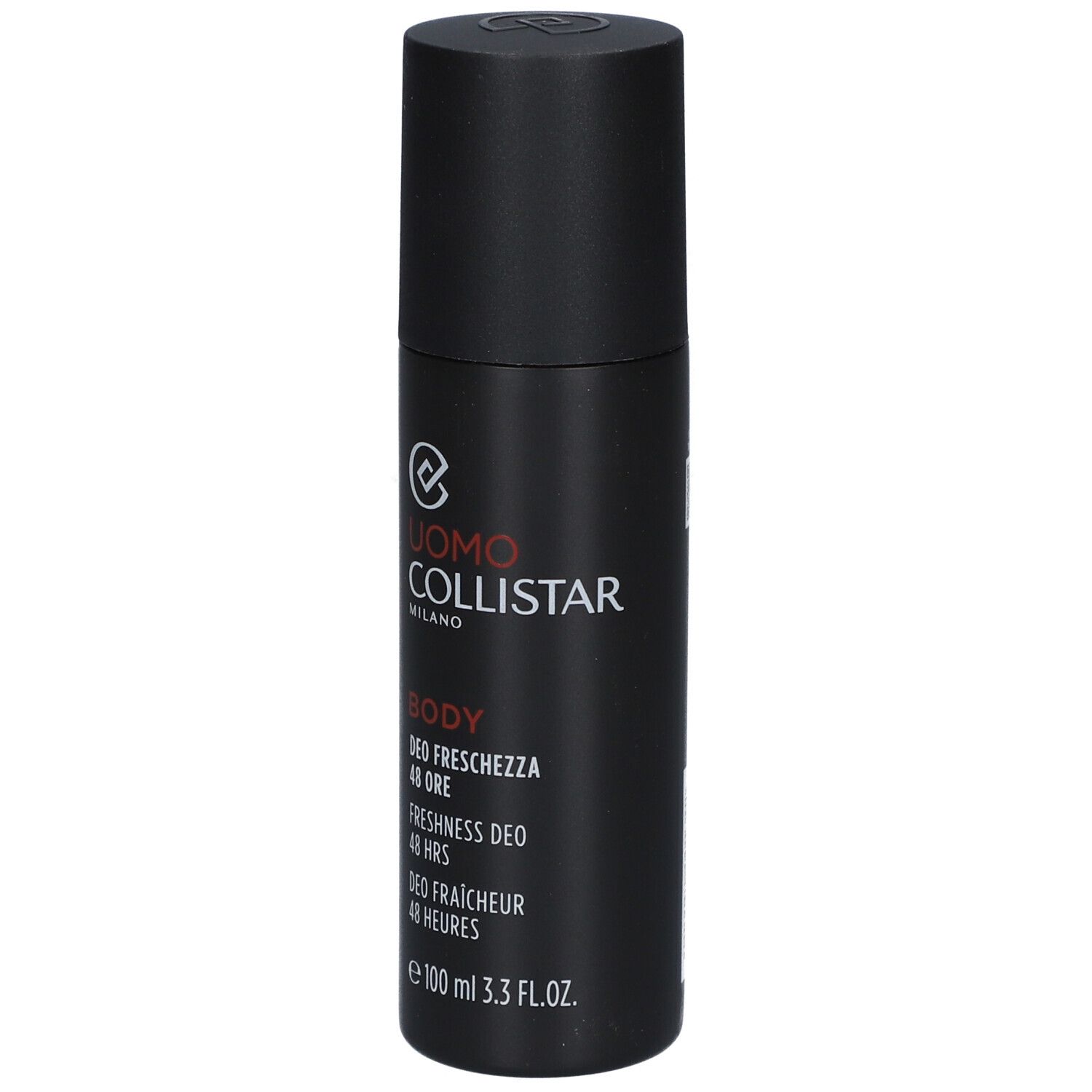 Flacon de déodorant noir avec texte blanc. Marque : Uomo Collistar. Texte : Body, Deo Fraîcheur 48 Heures, 100 ml.