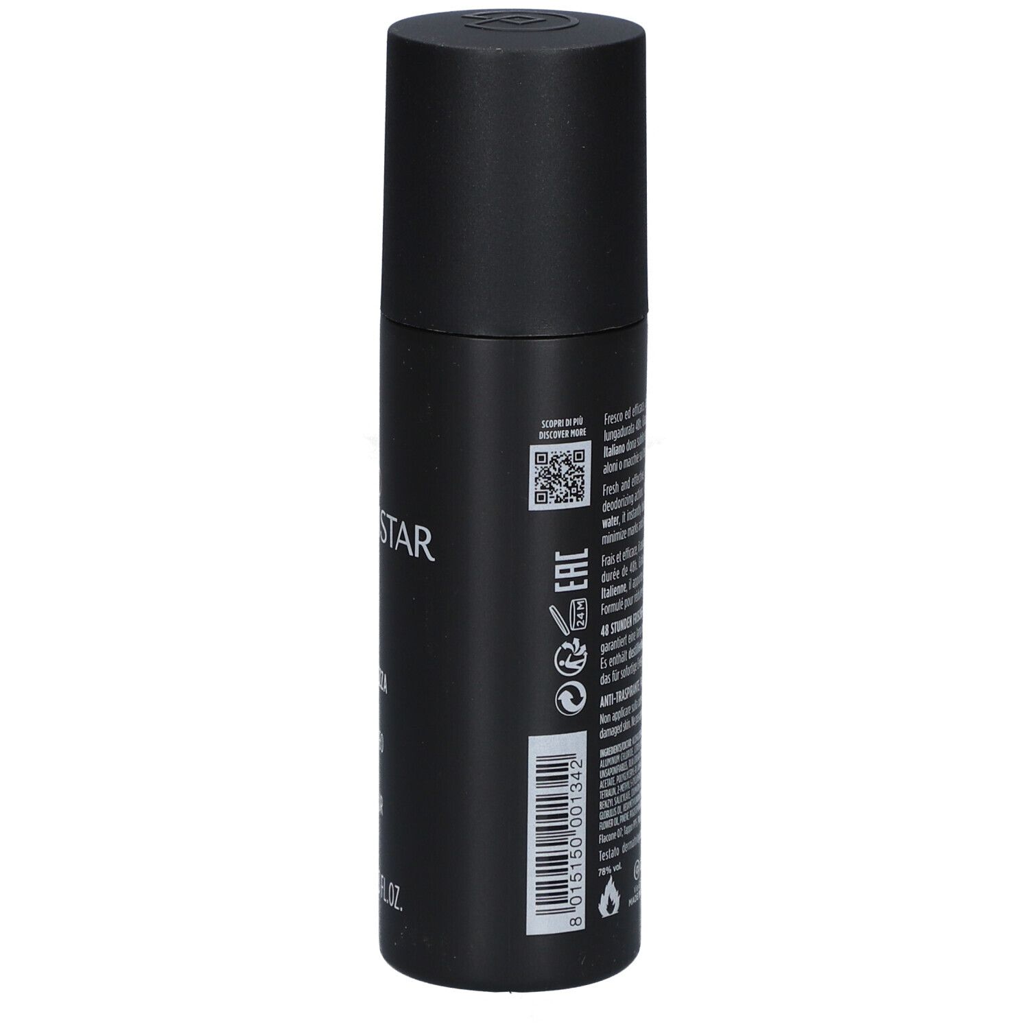 Flacon de déodorant noir avec texte. Marque : Uomo Collistar. Texte : Body, Deo Fraîcheur 48 Heures, 100 ml. Dos avec texte.