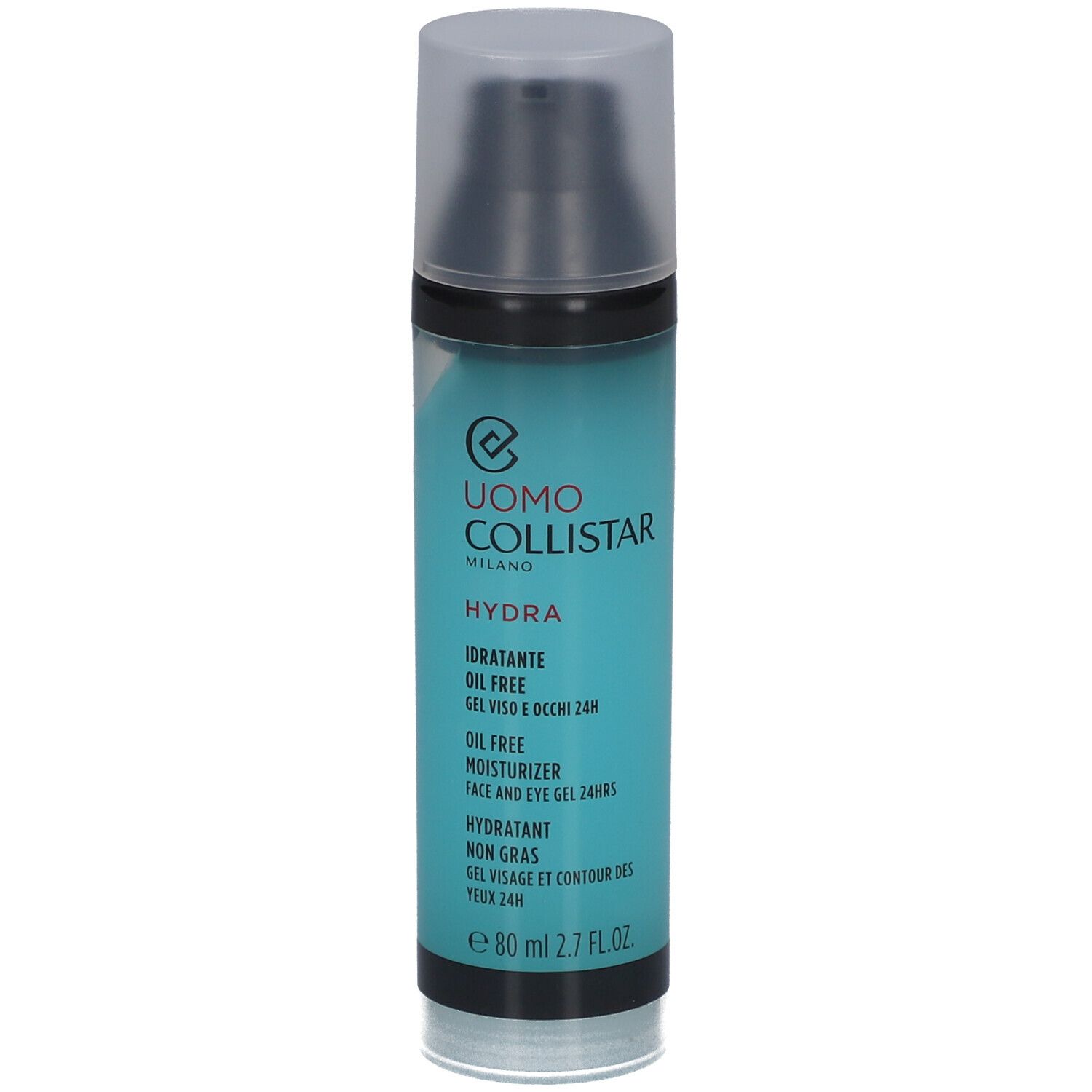 Flacon turquoise avec bouchon noir. Inscription: Uomo Collistar Hydra, crème hydratante sans huile, 80 ml.
