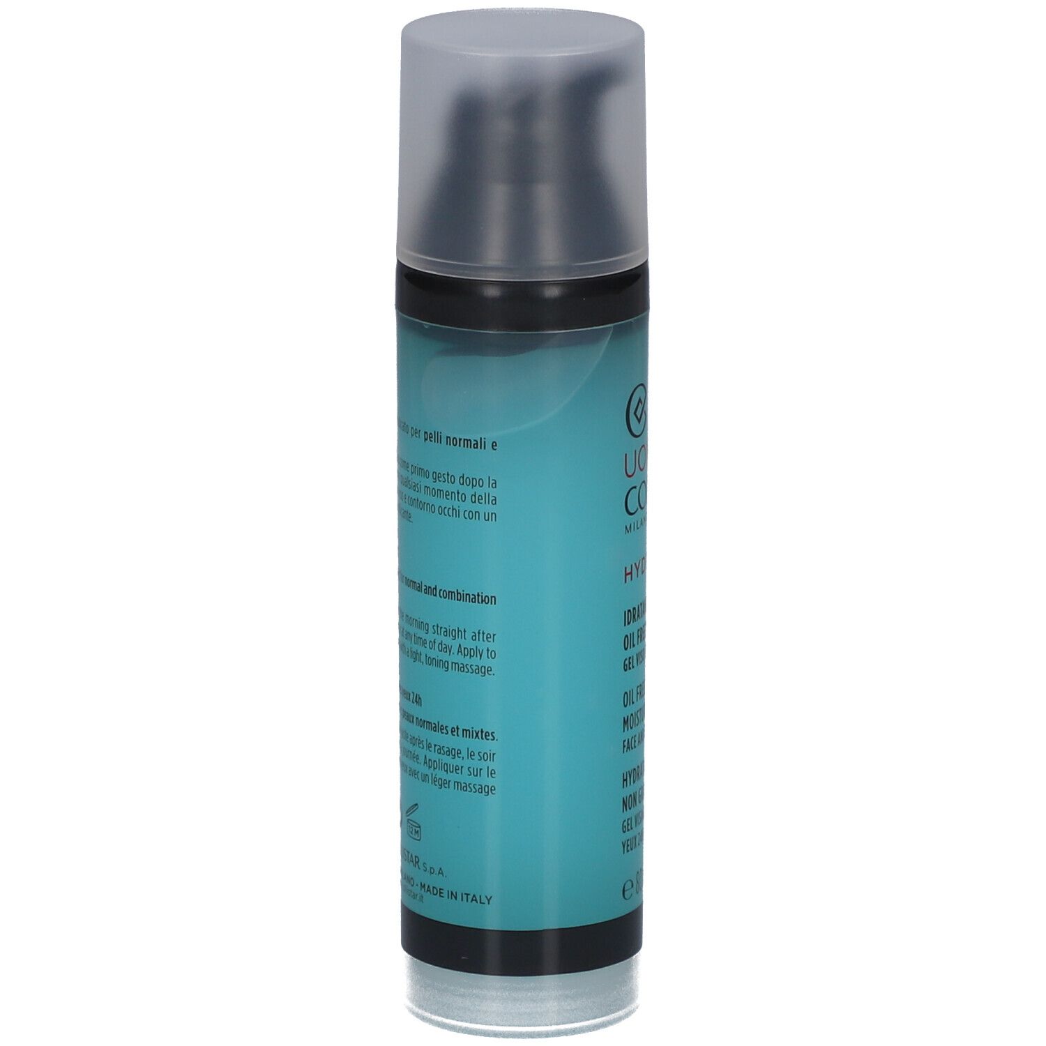 Flacon turquoise avec bouchon noir. Texte en italien et anglais. Informations du fabricant.