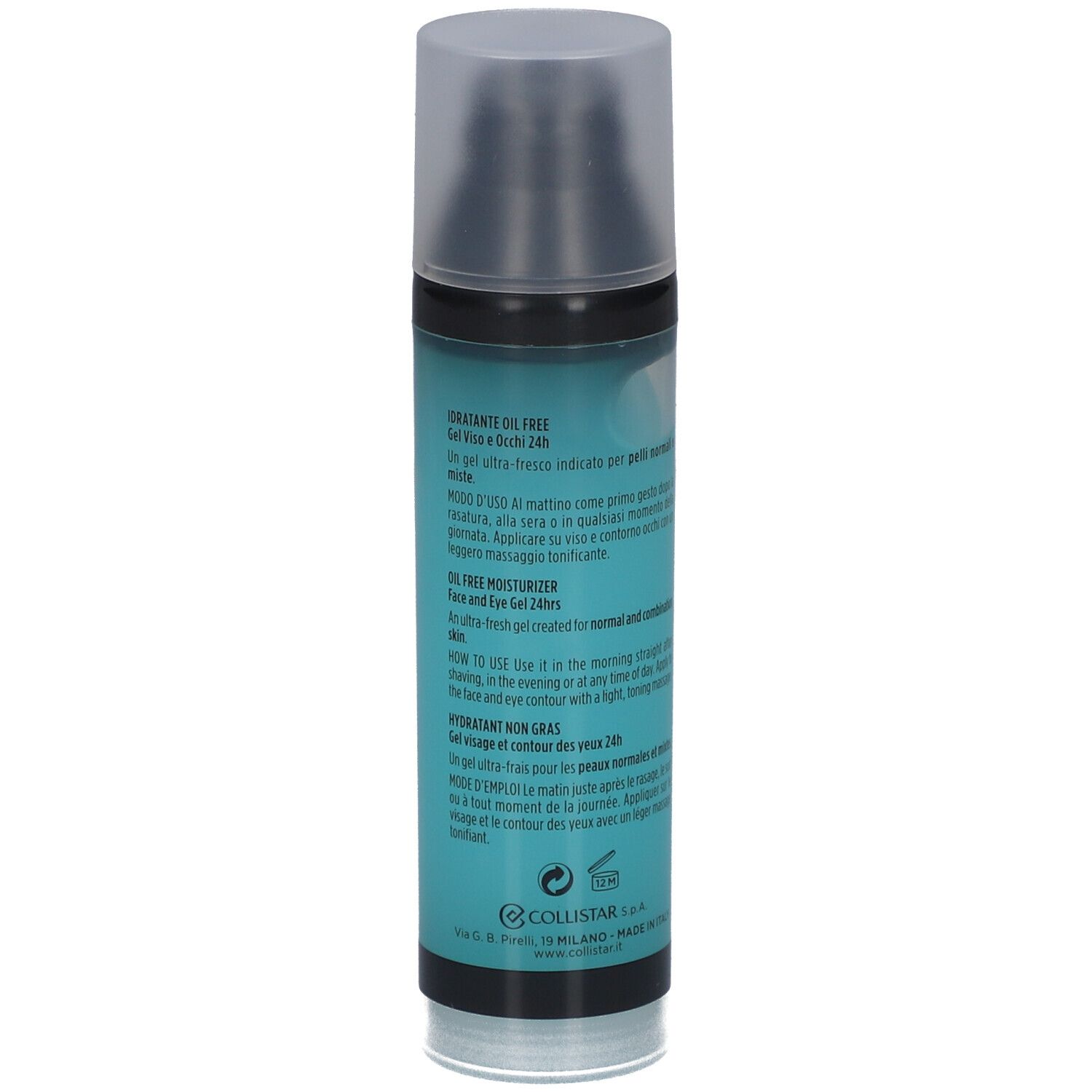 Flacon turquoise avec bouchon noir. Texte en italien et anglais. Instructions d'utilisation.