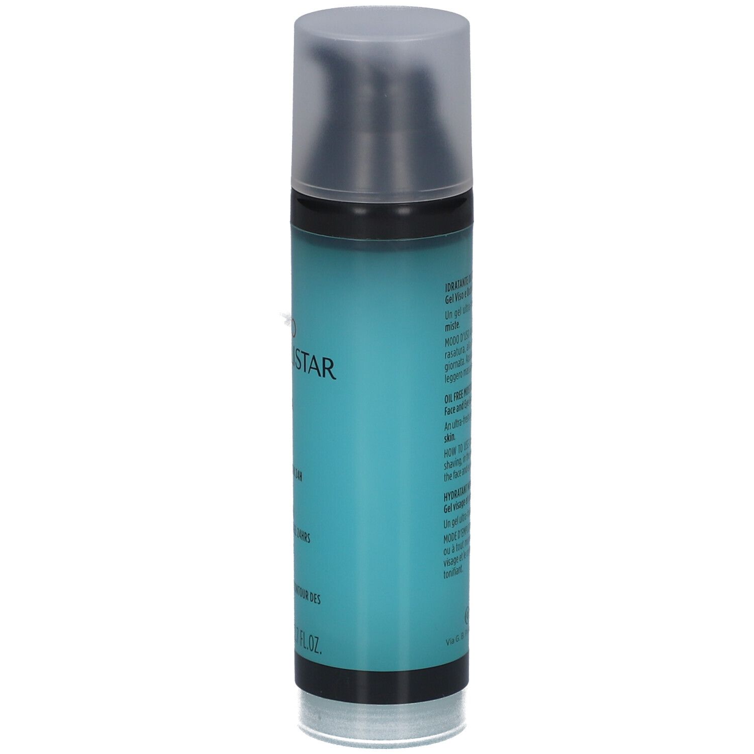 Flacon turquoise avec bouchon noir. Texte en anglais. Informations sur le produit.