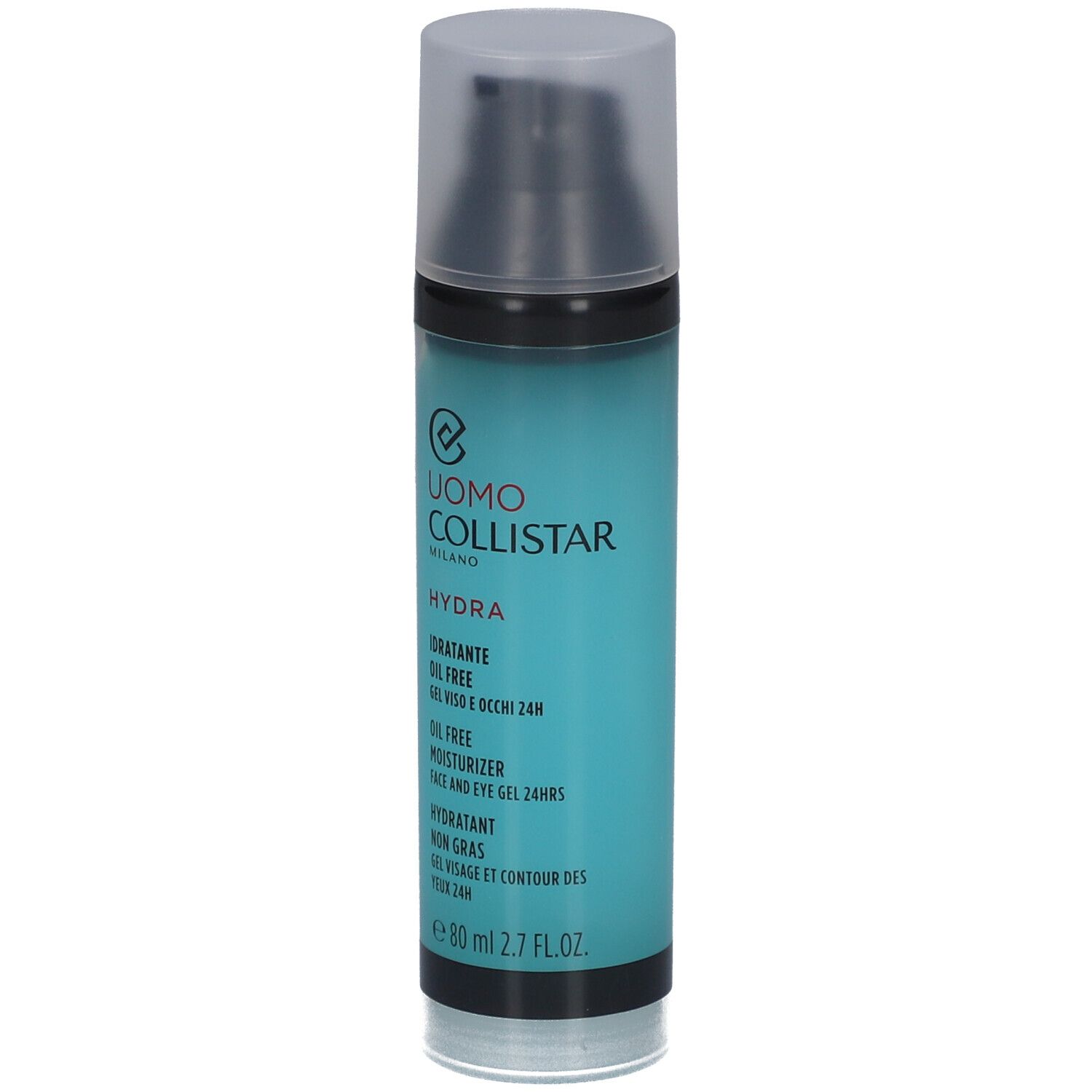 Flacon turquoise avec bouchon noir. Inscription: Uomo Collistar Hydra, crème hydratante sans huile, 80 ml.