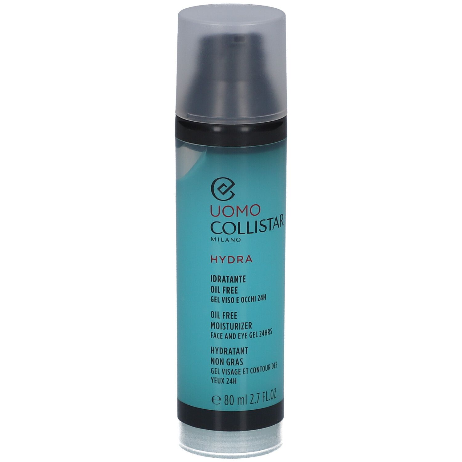 Flacon turquoise avec bouchon noir. Inscription: Uomo Collistar Hydra, crème hydratante sans huile, 80 ml.