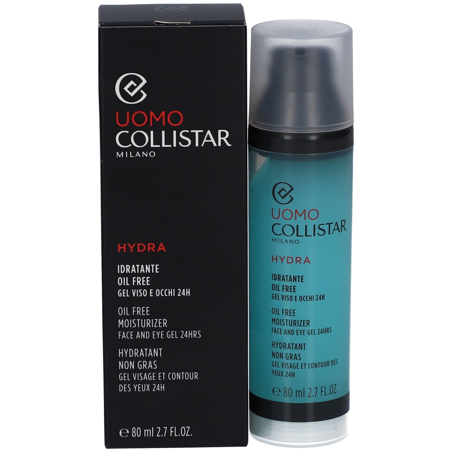 Flacon et emballage noir. Inscription: Uomo Collistar Hydra, crème hydratante sans huile, 80 ml.