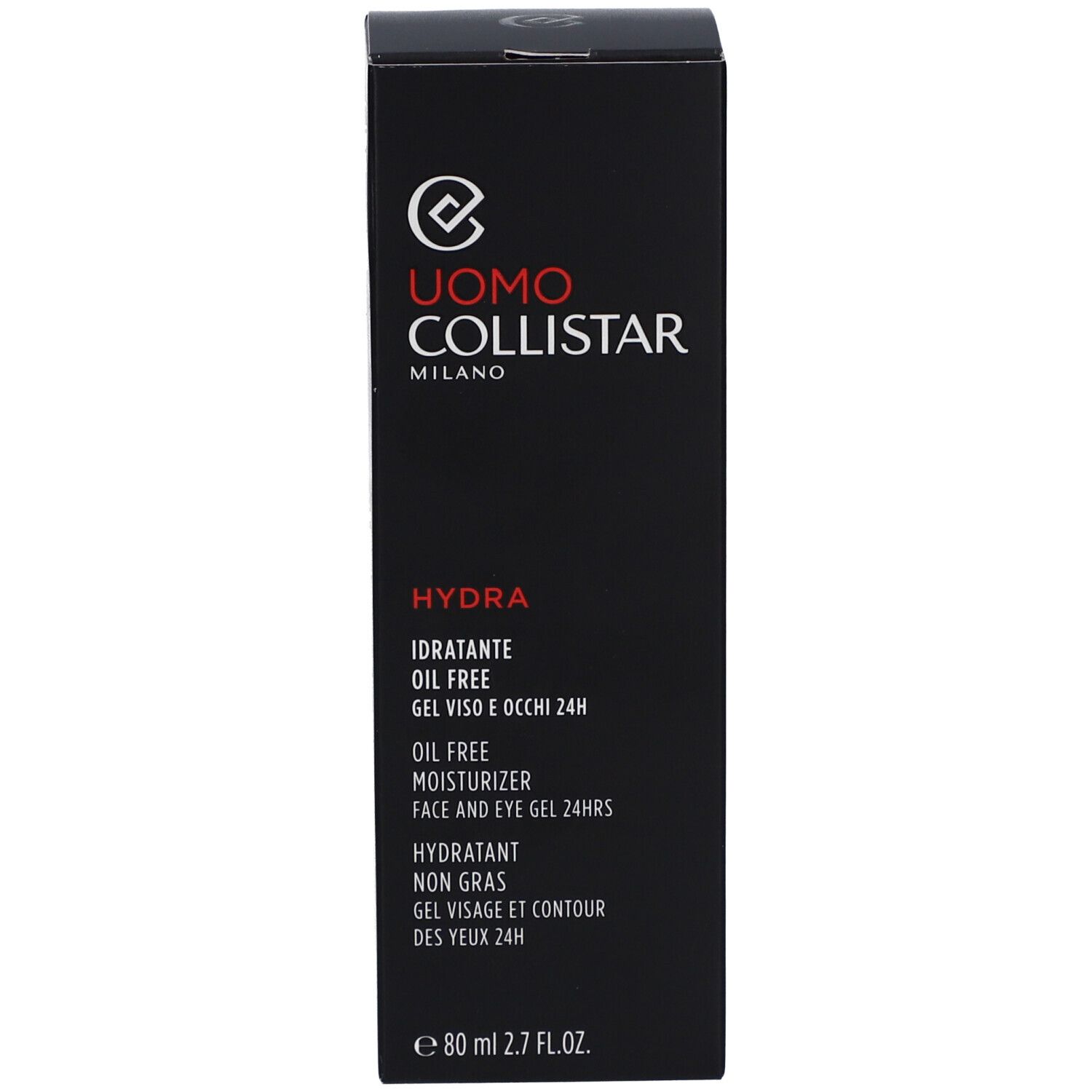 Emballage noir. Inscription: Uomo Collistar Hydra, crème hydratante sans huile, 80 ml.