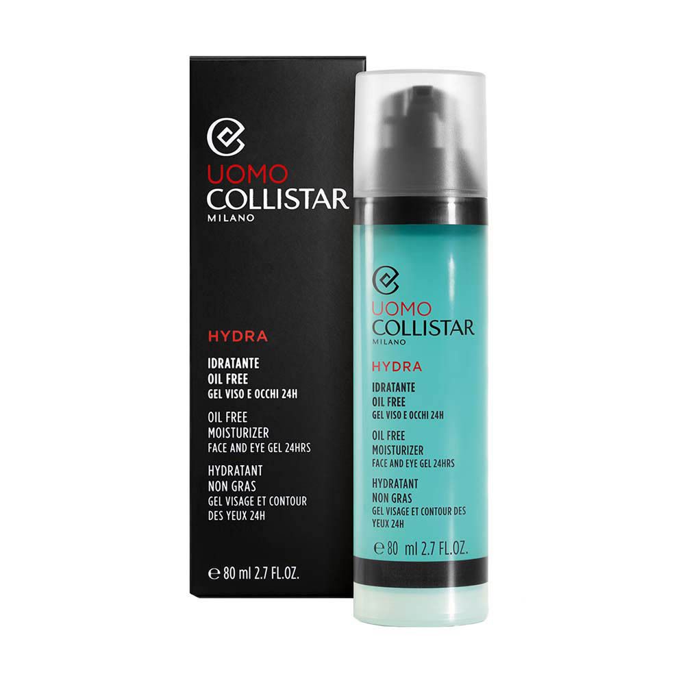 Flacon et emballage noir. Inscription: Uomo Collistar Hydra, crème hydratante sans huile, 80 ml.