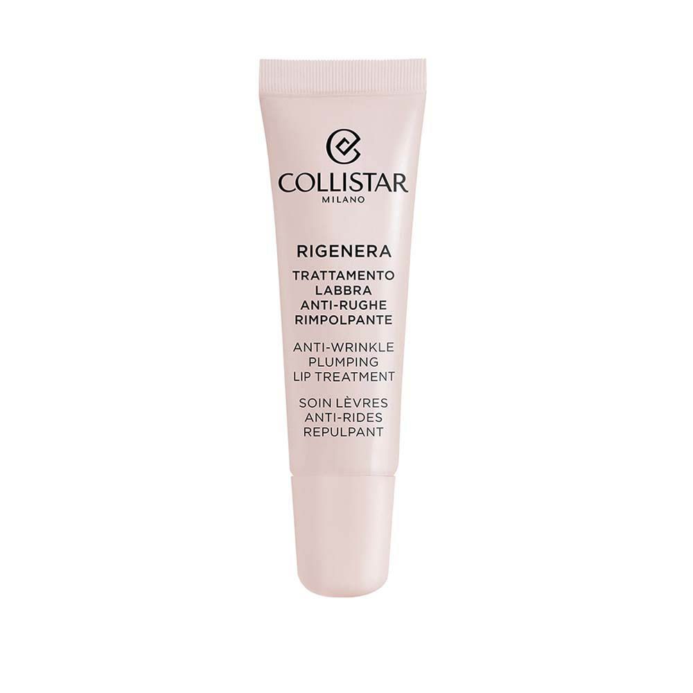 Tube rose avec texte blanc. Contient un soin anti-rides pour les lèvres. Marque Collistar Milano.