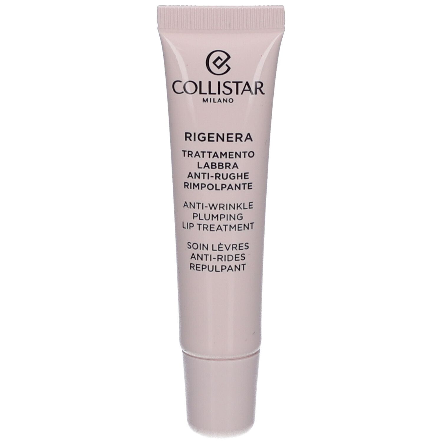 Tube rose avec texte blanc. Contient un soin anti-rides pour les lèvres. Marque Collistar Milano.