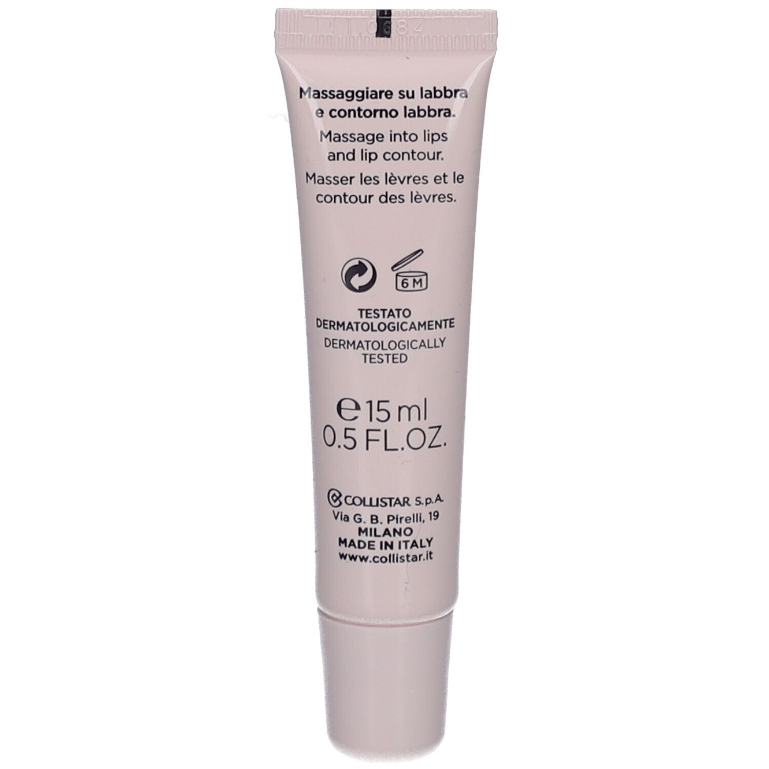 Dos du tube. Contient des informations sur l'utilisation et le test dermatologique.