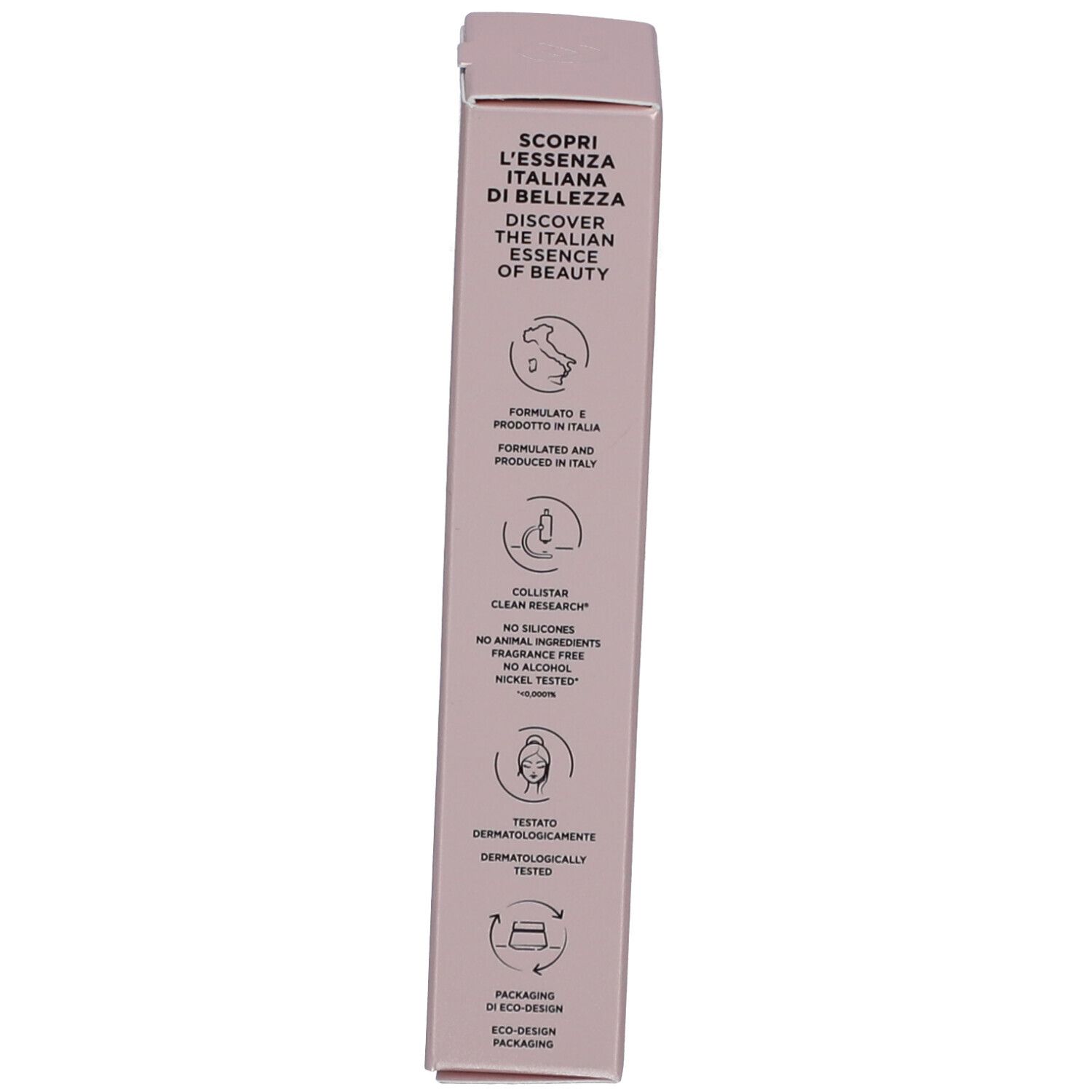 Côté de la boîte. Contient des informations sur la beauté italienne et les certifications.