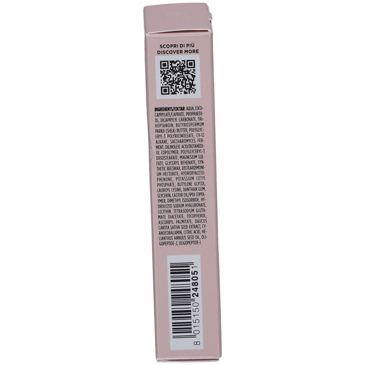 Côté de la boîte. Contient des informations sur les ingrédients et un code QR.